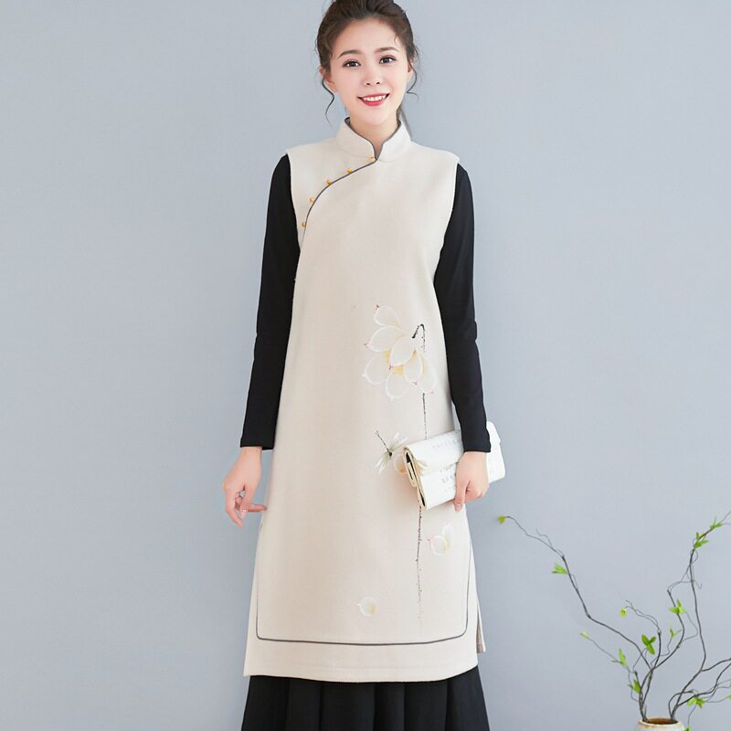 Buddha Smiling in Chinese Dress Zen Suit Women's Woolen Vest Tang Dress in Long Edition Waistcoat Improved Hanfu Tea Suit Waistcoat Spring