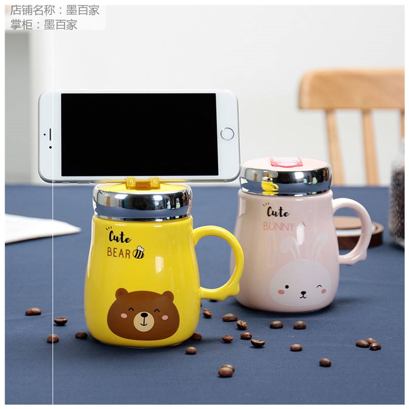 Cup cartoon home bracket cute ceramic cup office mug with lid spoon mobile phone drinking cup couple cup