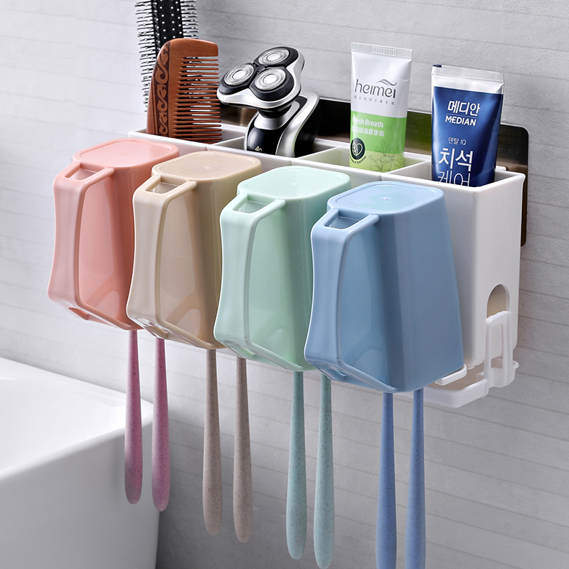 Bathroom toothbrush shelf for four family bathroom gargling cup toothbrush set dental rack free punch wall hanging type
