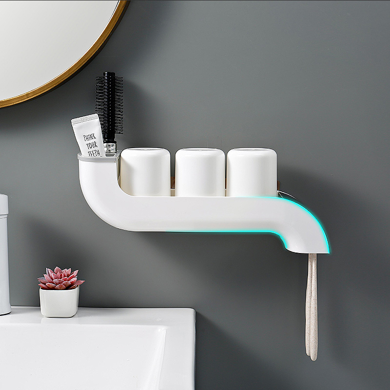 Toothbrush Shelf Wall-mounted wall-free Punched Makeup Room Toothbrush Holder Suction Wall Mouthwash Toothbrush Cup Tooth-tooth cylinder suit