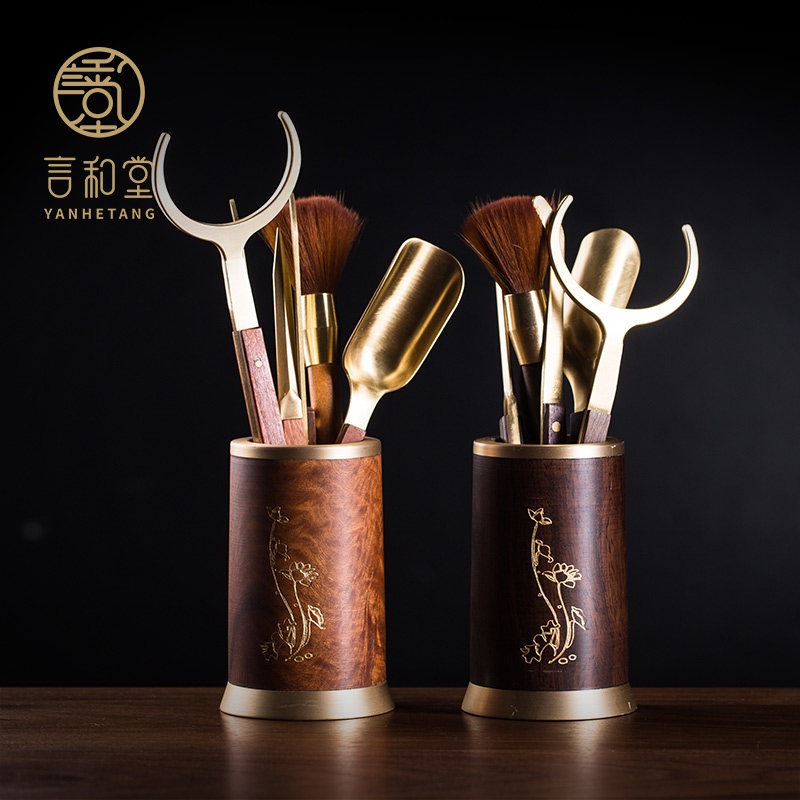 Tea Aisle Six Gentlemen Suit Qigfu Tea Accessories Brass 6 Gentleman Tea Wash Tea Clip Spoon Knife Cup Rack Cup Mat Hem