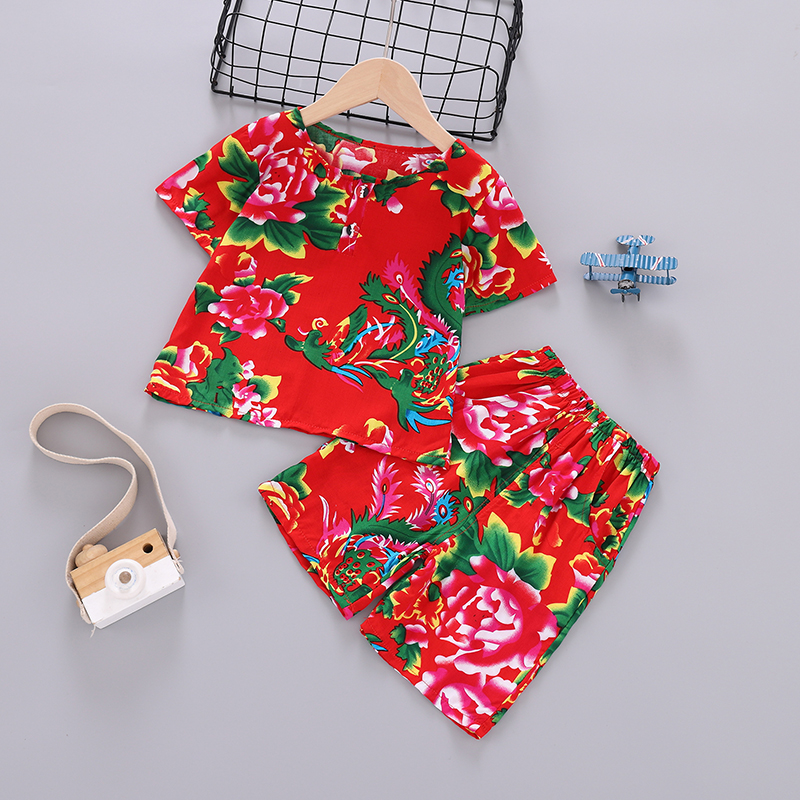 Northeast big flower cloth clothes children baby children's national wind silk suit children's short-sleeved two-piece summer thin section