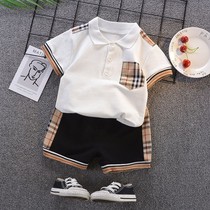  Summer Korean boys plaid pocket short-sleeved suit fashion small tide children lapel Polo shirt summer two-piece suit