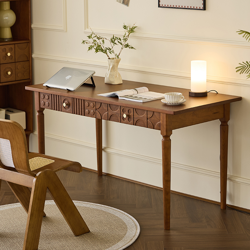 Vintage Cherry Wood Carved Drawer Desk, Study Table, French Retro Style Dressing Table, Small Apartment Home Computer Desk