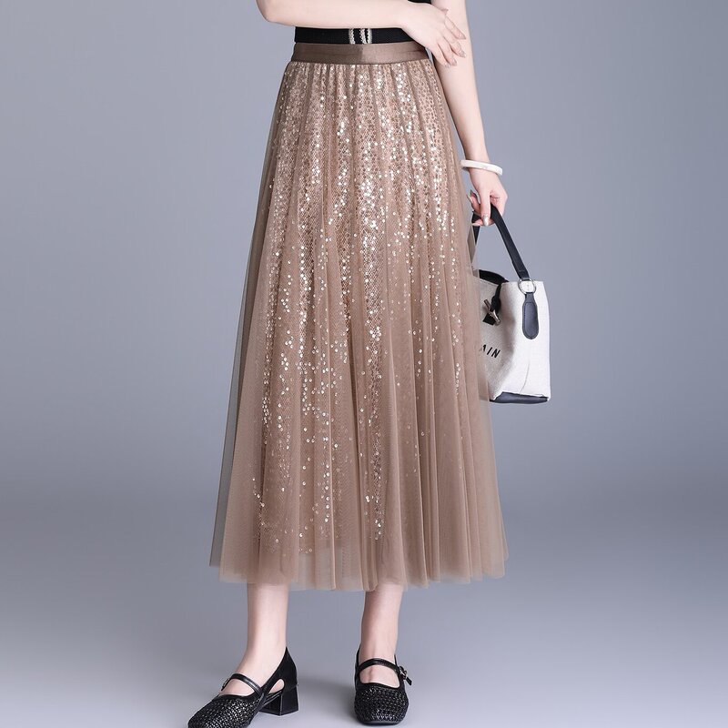 Heavy-Duty Mesh Skirt for Women, Spring Mid-Length A-Line Tutu Skirt, Sequined Flared Skirt, Starry Sky Sparkling Tulle Long Skirt