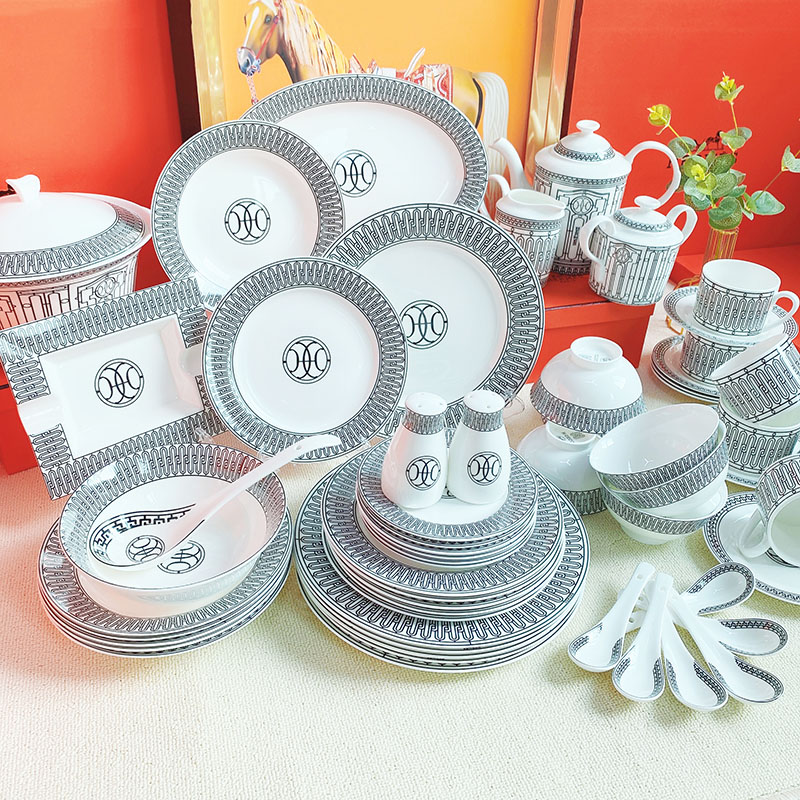 Retro Black Line European Simple Bone China Tableware Set Bowl Ceramic Bowl Plate Combination Gift Box Set Gift