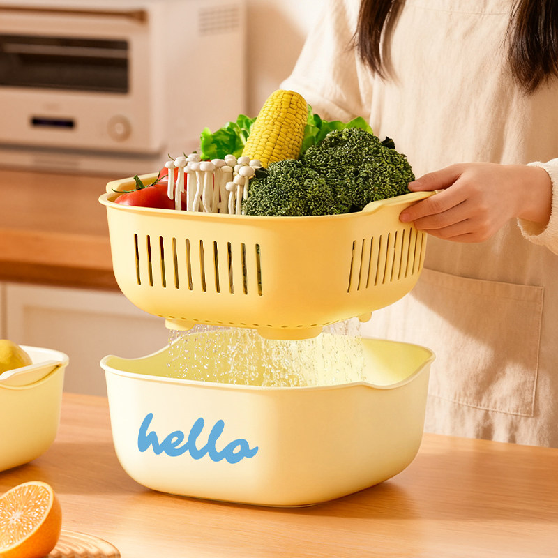 厨房新款双层洗菜盆沥水篮客厅家用洗水果加厚塑料果篮淘菜滤水篮