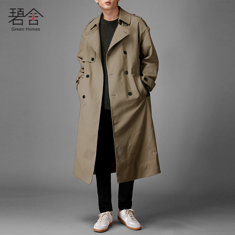 Preferential spring and autumn Japanese loose windbreaker men's Korean version long double-breasted khaki casual windbreaker coat