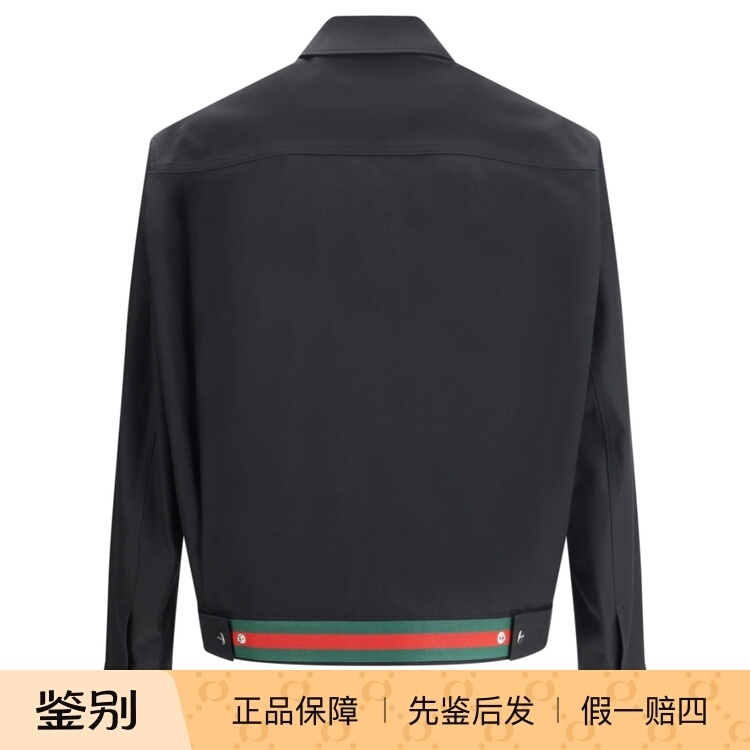 In-Stock Gucci 2025 Autumn/Winter Men's Black Denim Jacket with Red and Green Webbing Lapel 827503