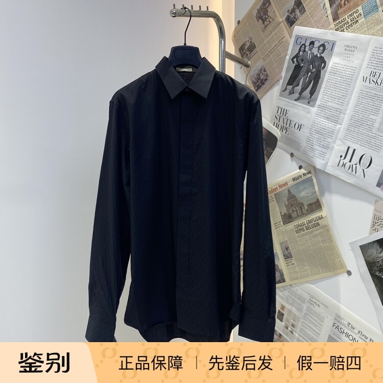 In Stock Dior Oblique Men's Black Dark Pattern All-Over Print Snap Button Pointed Collar Long-Sleeve Shirt 013C501