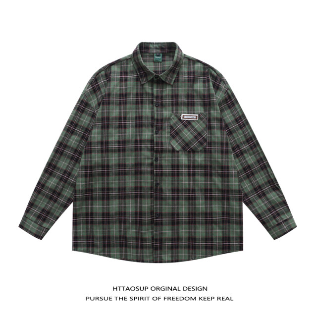 Japanese retro green plaid long-sleeved shirt autumn jacket
