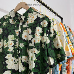 Httaosup retro green oil painting flower niche lazy trend of leisure versatile artistic sense short -sleeved shirt