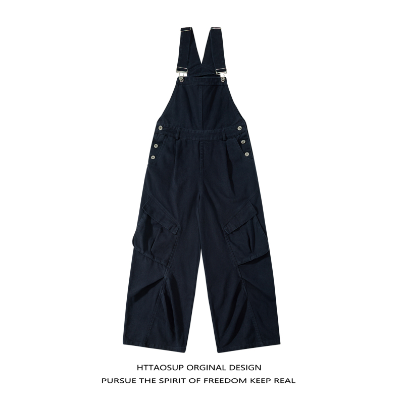 Httaosup American Retro Washed Multi-Pocket Cargo Overalls Unisex Loose Casual Straight Wide-Leg Pants