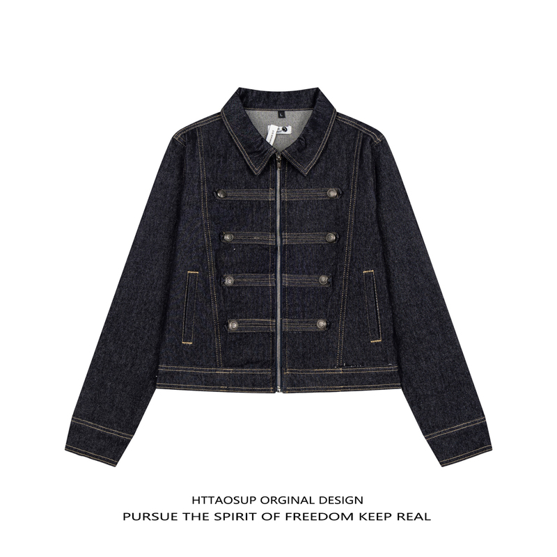 Httaosup Retro Napoleon Button Loose Denim Jacket with Palace-Style Shoulder Design, Autumn Short Coat