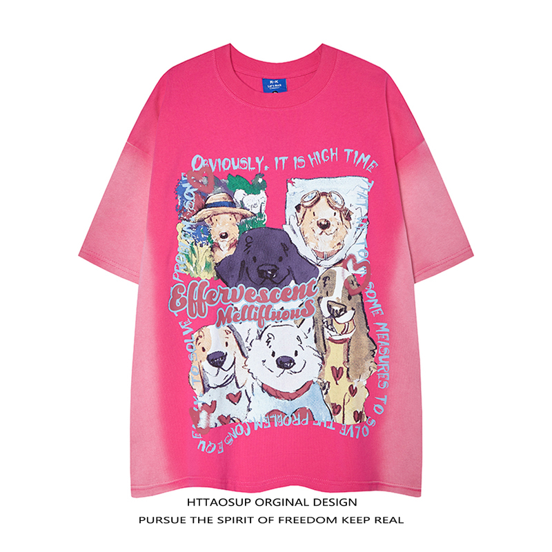 Httaosup American Retro Dog Print Rose Red Short-Sleeved T-Shirt for Men and Women with Fun Gradient Design Tops Httaosup American Retro Dog Print Rose Red Short-Sleeved T-Shirt for Men and Women with Fun Gradient Design Tops
