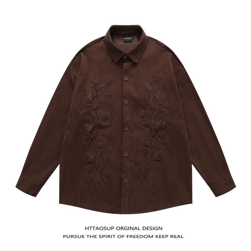 Httaosup Retro Style Floral Embroidered Corduroy Long-Sleeved Shirt Men's Loose Casual Brown Jacket