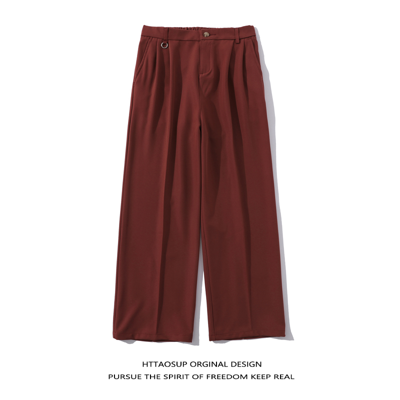 Httaosup Japanese Trendy Brand Burgundy Versatile Drapey Dress Pants Unisex Street Style Loose Wide-Leg Long Pants Casual Pants