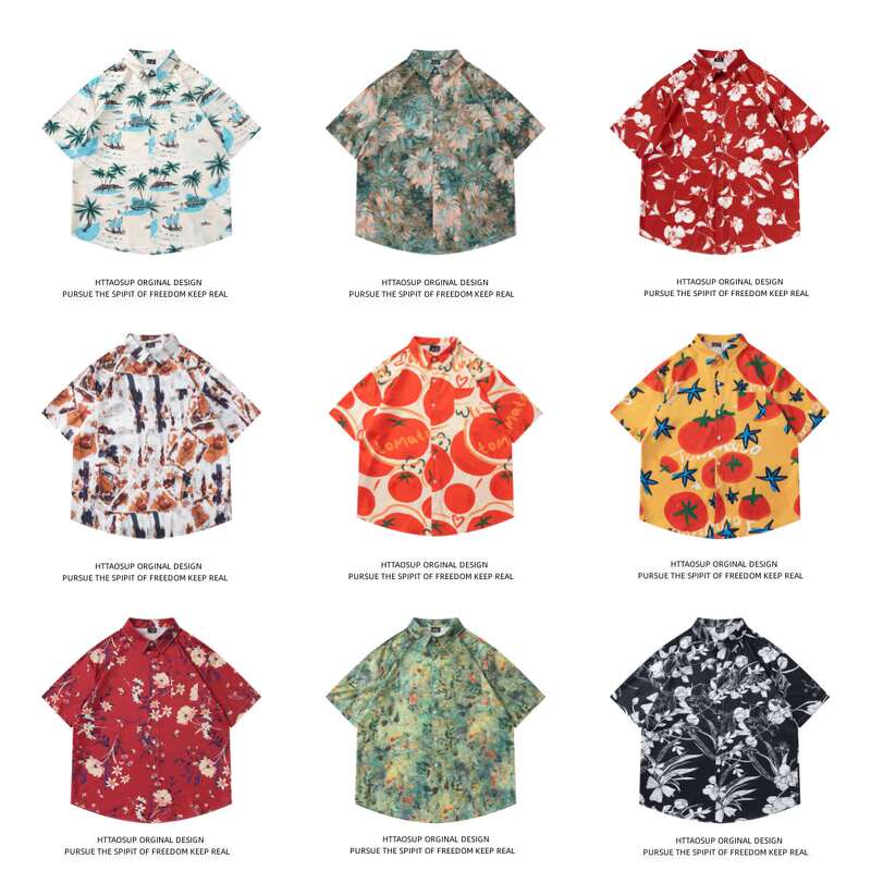 Httaosup Harajuku Style Hawaiian Floral Shirt with Fruit All-Over Print, Casual Unisex Summer Loose Trendy Brand Shirt