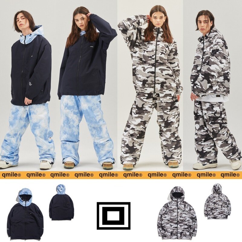 2122QMILE Korean ski suit waterproof wind breathable snowsuit pants loose with cap winter male and female veneer blue