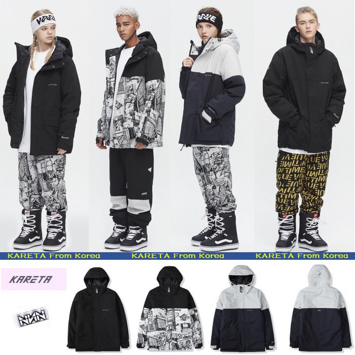 KARETA Korean ski pants men and women's single-double board coat waterproof cotton warm-up hood black and white camouflage