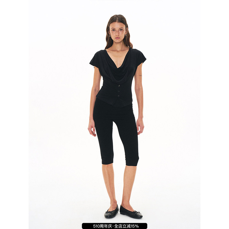 Alkaidy's "Classic and Stylish" Black Cuffed Design Versatile Casual Tight-Fitting Stretch Knit 7/8 Pants