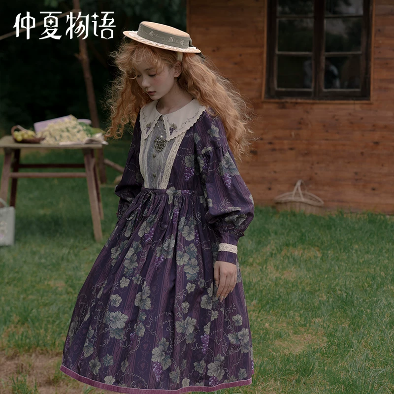 Платье LolitA с длинным рукавом и воротником-стойкой, принтованный все OVER, история Мидсоммер Луарий Виноградник