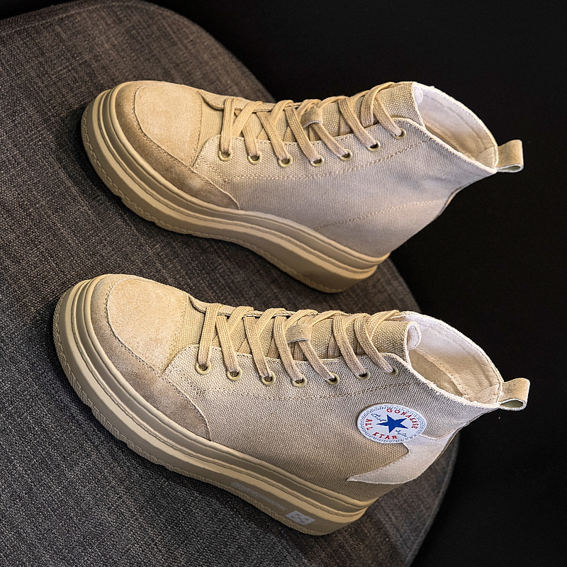 Inside 8cm heightening 2021 new spring and autumn 100 hitch cakes thick bottom breathable black Canvas High Barrel Women Shoes Summer tide