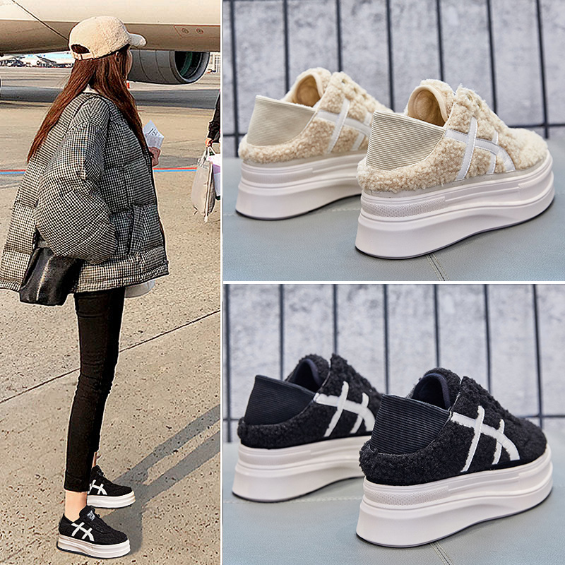 Pine thickness in 2021 new pitch net red increases outer bean cotton shoes plus wool shoes wearing female winter