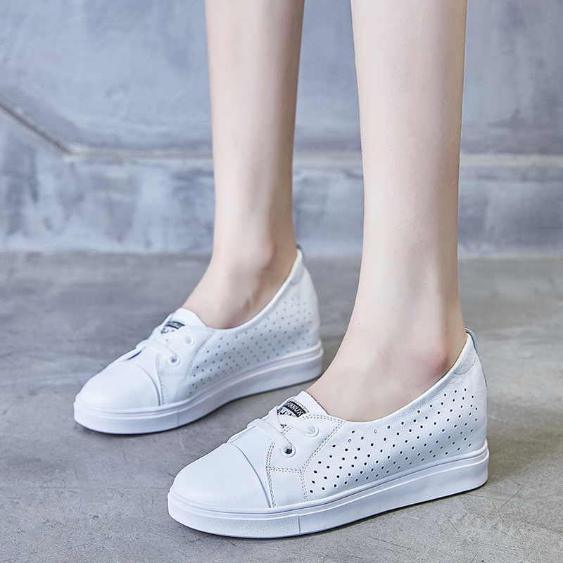 Shallow Mouth Little White Shoes Women's Summer 2022 New 100 Hitch Genuine Leather Shoes Hollowed-out Breathable Explicit Foot Small Inner Heightening Single Shoes