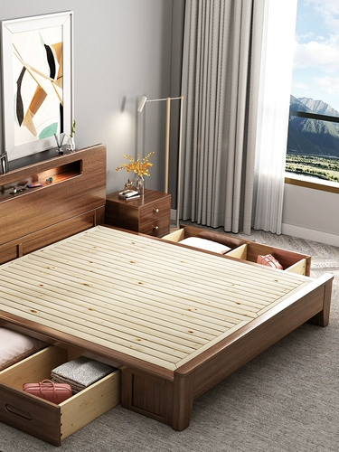 Ореховый орех Нордический настоящий деревянный кровать 1,8 метра двойная главная спальня 1,5 легкая роскошная современная минималистская многофункциональная кровать для хранения с высокой коробкой