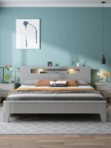 Семь -летняя магазин девять красочных человеческих кроватью серая серая скандинавская кровать из сплошной древесины Современная простая двуспальная кровать