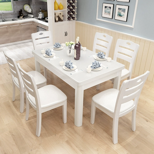 Комбинация обеденного стола из цельного дерева, белый обеденный стол в западном стиле, маленькая квартира, стол из массива дерева, прямоугольный стол на 6 человек, простой современный обеденный стол