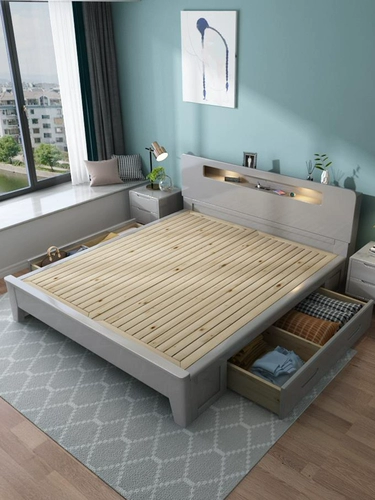 Семь -летняя магазин девять красочных человеческих кроватью серая серая скандинавская кровать из сплошной древесины Современная простая двуспальная кровать