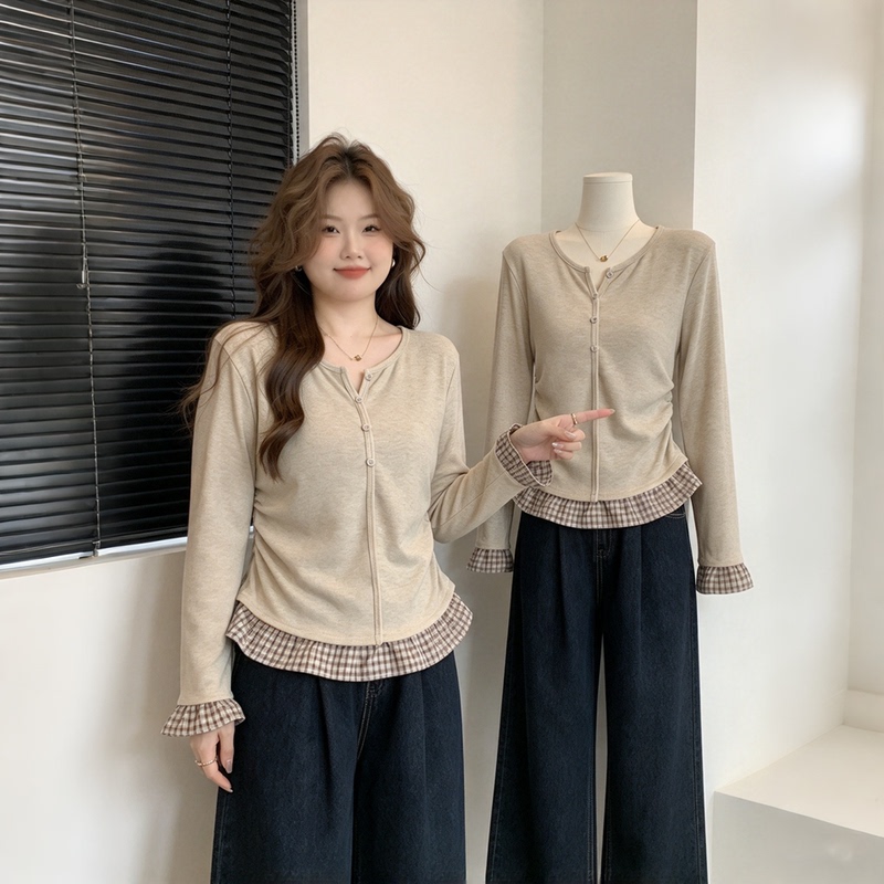 Plus-Size Faux Two-Piece Plaid Patchwork Long-Sleeve T-Shirt for Women, Autumn and Winter, with Pleated Waist-Cinching Design, Slimming Korean-Style Color-Blocking Top