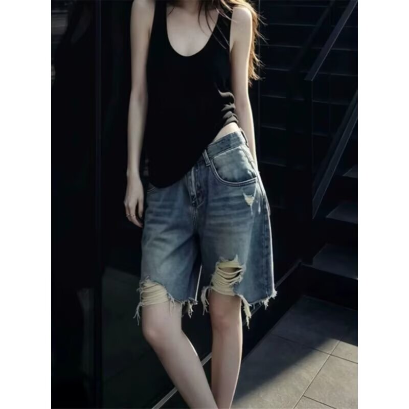 American-Style Ripped Blue Denim Shorts for Women, 2026 Summer New Large Size Straight-Leg Frayed Hem Casual Mid-Length Shorts American-Style Ripped Blue Denim Shorts for Women, 2026 Summer New Large Size Straight-Leg Frayed Hem Casual Mid-Length Shorts