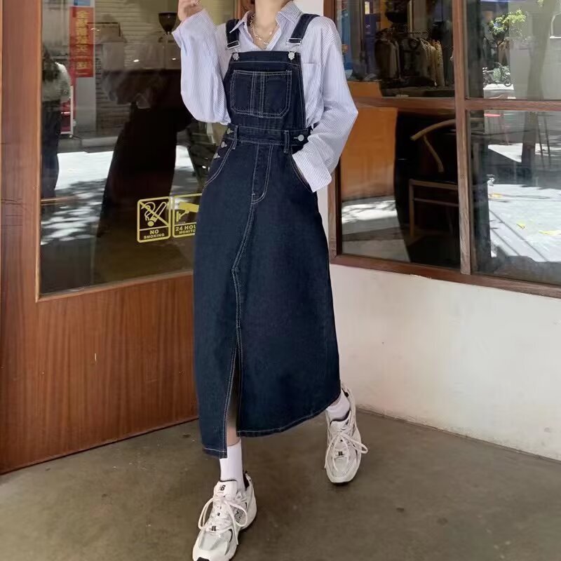 Slit Denim Suspender Skirt for Women, New Spring and Summer Style, Loose High-Waisted Mid-Length Plus Size Dress for Chubby Girls to Look Taller