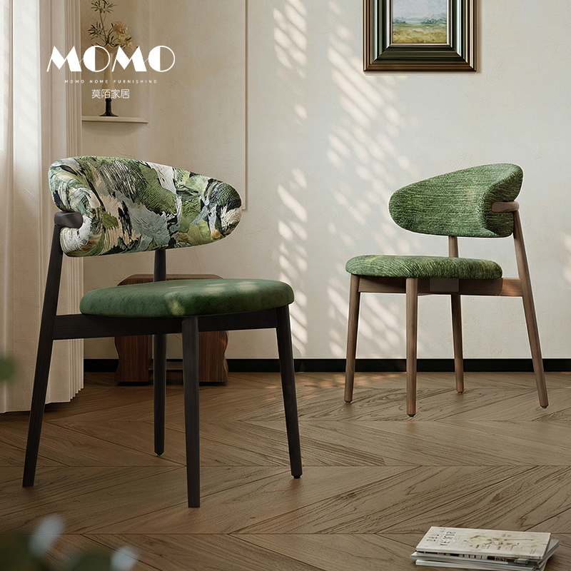 Momo丨Nordic Solid Wood Dining Chair, Mid-Century Style, Home-Use Backrest Dining Table Chair, French Wabi-Sabi Designer Upholstered Chair