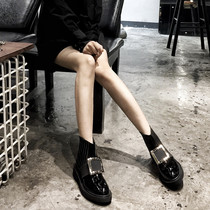 Star boots of the same style womens rhinestone square buckle thick heel patent leather Chelsea boots autumn and winter British style Martin boots thin nude boots