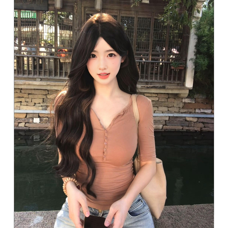 Korean-Style Beautiful Brown Henry Collar Mid-Sleeve T-Shirt for Women, Early Autumn Single-Wear, Trendy Base Shirt, Slim-Fit Short Top Korean-Style Beautiful Brown Henry Collar Mid-Sleeve T-Shirt for Women, Early Autumn Single-Wear, Trendy Base Shirt, Slim-Fit Short Top