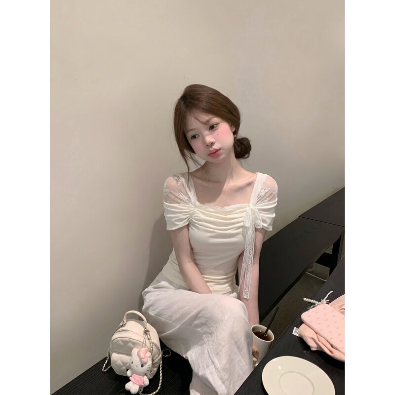 Pure Desire Style White Off-Shoulder Lace-Up Short-Sleeve T-Shirt for Women, Summer Hot Girl Waist-Cinching Off-Shoulder Stunning Top Pure Desire Style White Off-Shoulder Lace-Up Short-Sleeve T-Shirt for Women, Summer Hot Girl Waist-Cinching Off-Shoulder Stunning Top