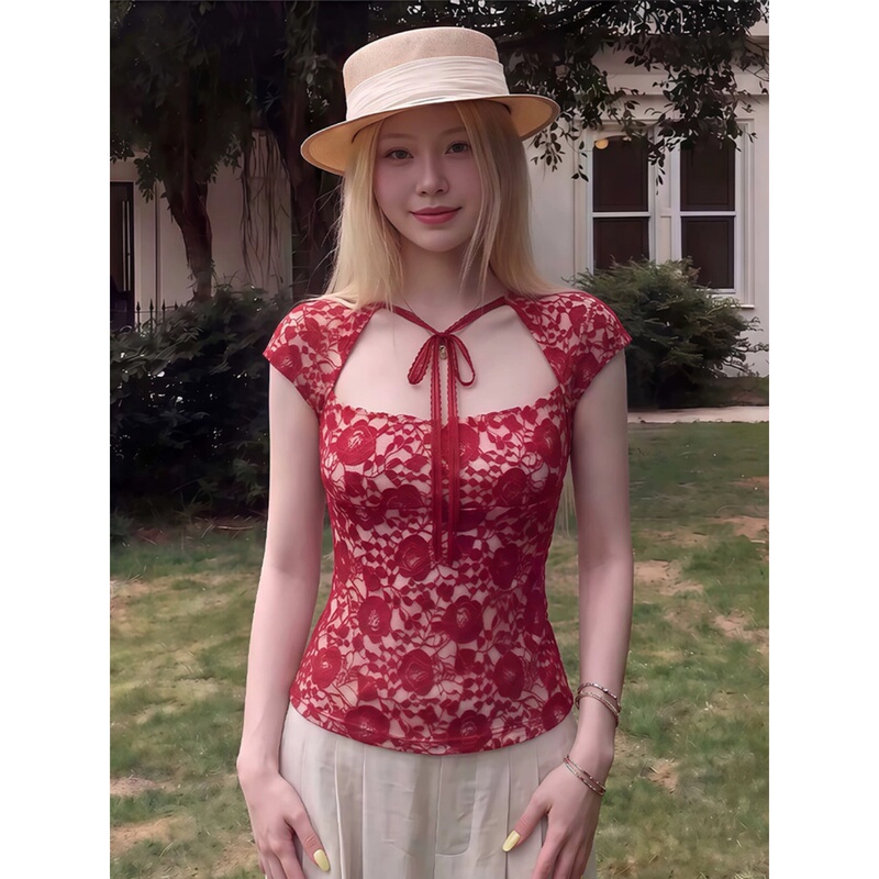 Sexy Hot Girl Red Lace-Up Short-Sleeved T-Shirt for Women in Summer, Pure Desire Slim Fit Floral Mesh Top