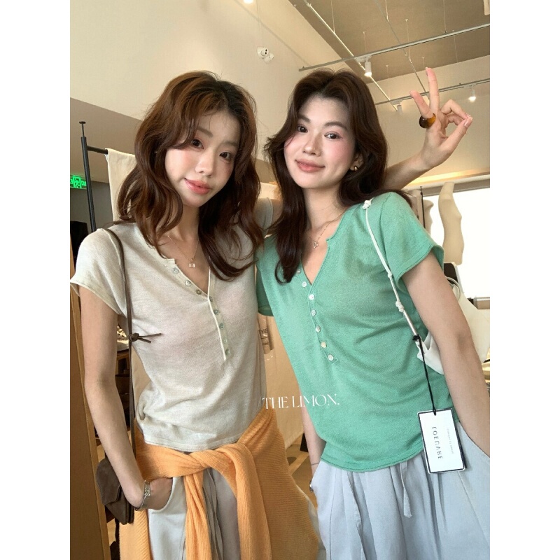 Korean Style Half-Open Collar Ice Silk Knit Short-Sleeve T-Shirt for Women, Summer Slim Fit with Small Flutter Sleeves, Regular Shoulder V-Neck Henley Top Korean Style Half-Open Collar Ice Silk Knit Short-Sleeve T-Shirt for Women, Summer Slim Fit with Small Flutter Sleeves, Regular Shoulder V-Neck Henley Top