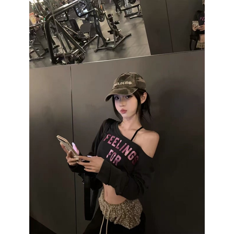 American-Style Spicy Girl Letter Print Off-Shoulder Long-Sleeve T-Shirt for Women, Early Autumn Sexy High-Waisted Loose Crop Top American-Style Spicy Girl Letter Print Off-Shoulder Long-Sleeve T-Shirt for Women, Early Autumn Sexy High-Waisted Loose Crop Top