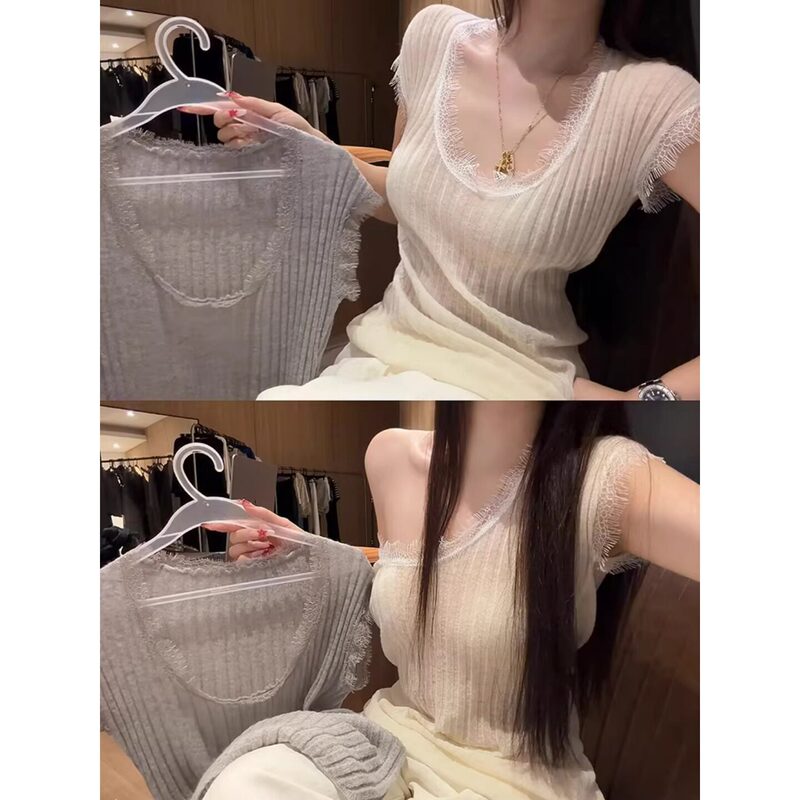 Purely Sexy Lace Patchwork Low-Neck Thin Knit Top for Women, Summer Short-Sleeve T-Shirt, Absolutely Stunning and Beautiful Top