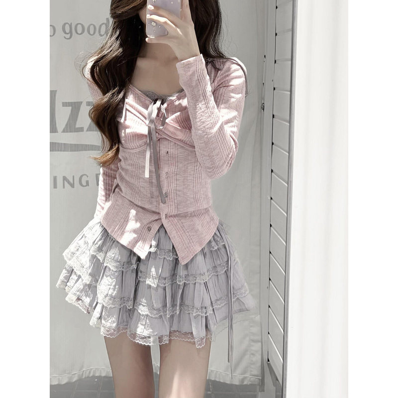 Korean Style Pure Pink Long-Sleeved T-Shirt for Women, Early Spring Slim-Fit Base Shirt, Lace Camisole Layered Top Two-Piece Set
