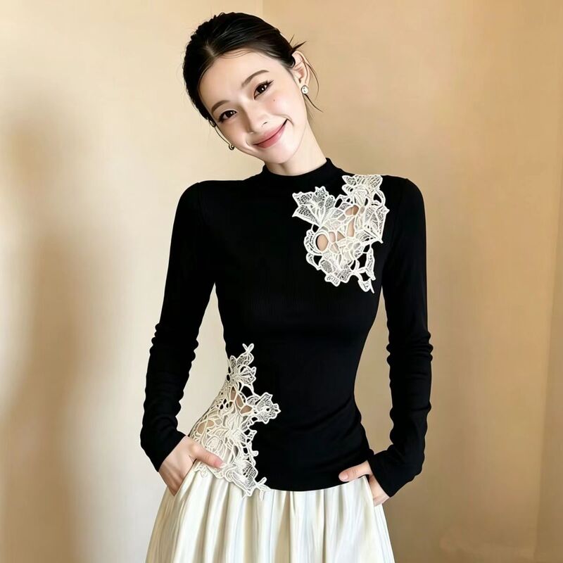 New Chinese Style Black Hollow Lace Long-Sleeve T-Shirt for Women, Early Autumn Base Layer, Slim Fit Top