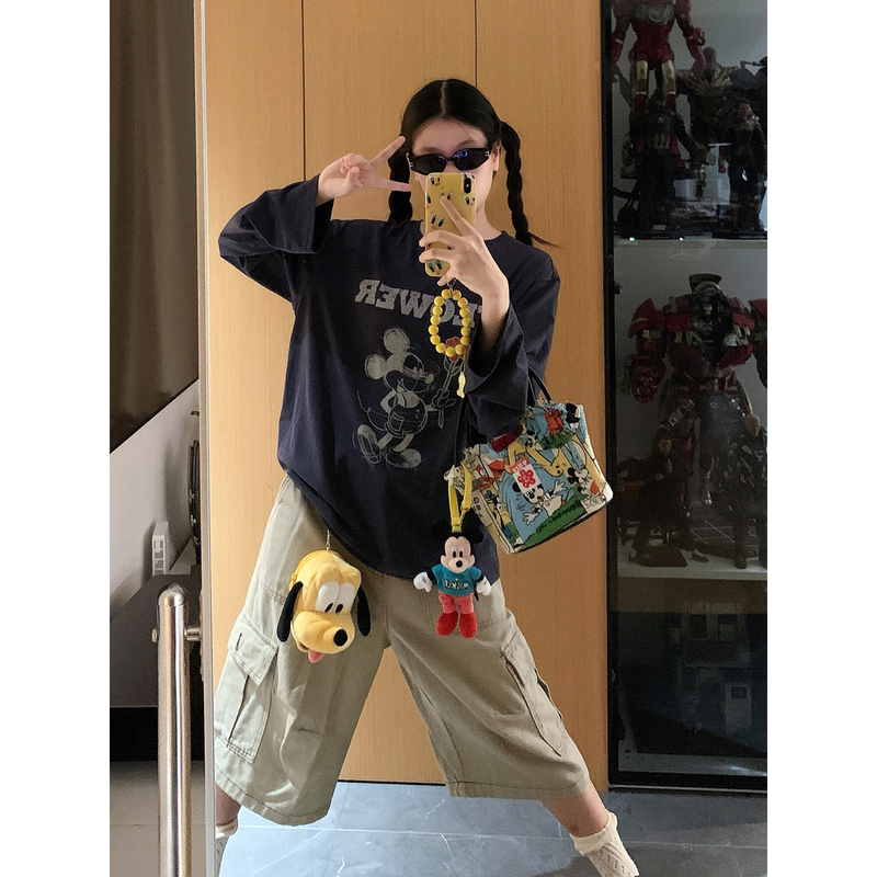 Navy Mickey Mouse Print Long-Sleeved T-Shirt for Women in Autum Thin Sun Protection Blouse Loose Design Niche Top