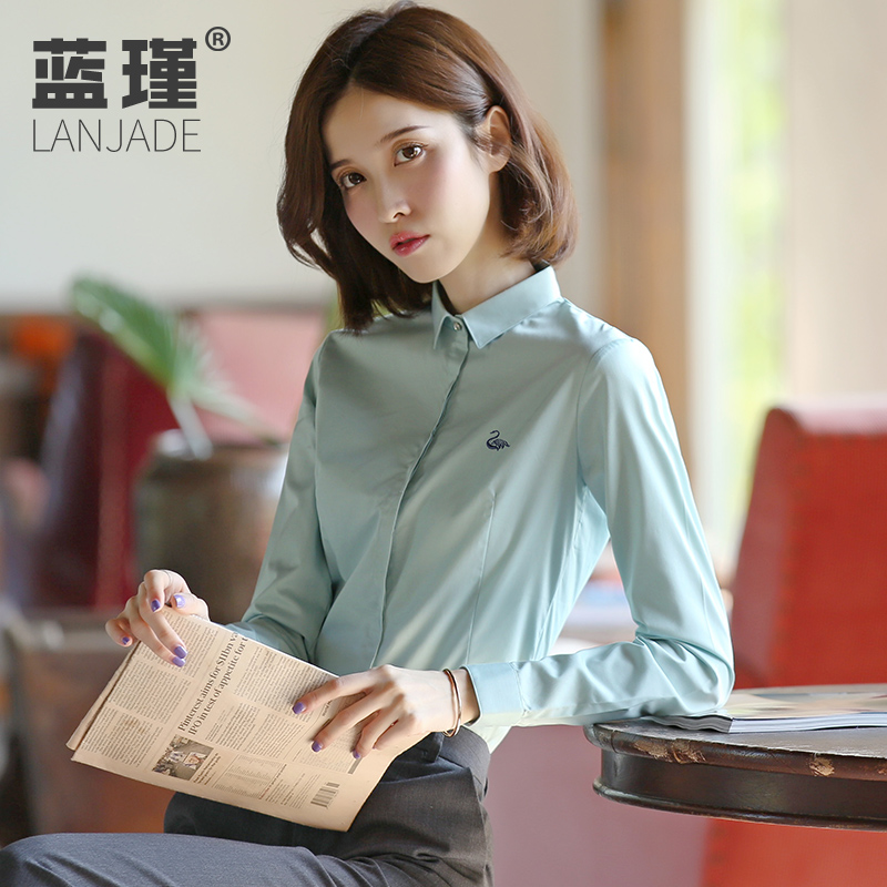 2021 spring shirt women's mint green Joker waist square collar coat professional shirt long sleeve frock avocado green