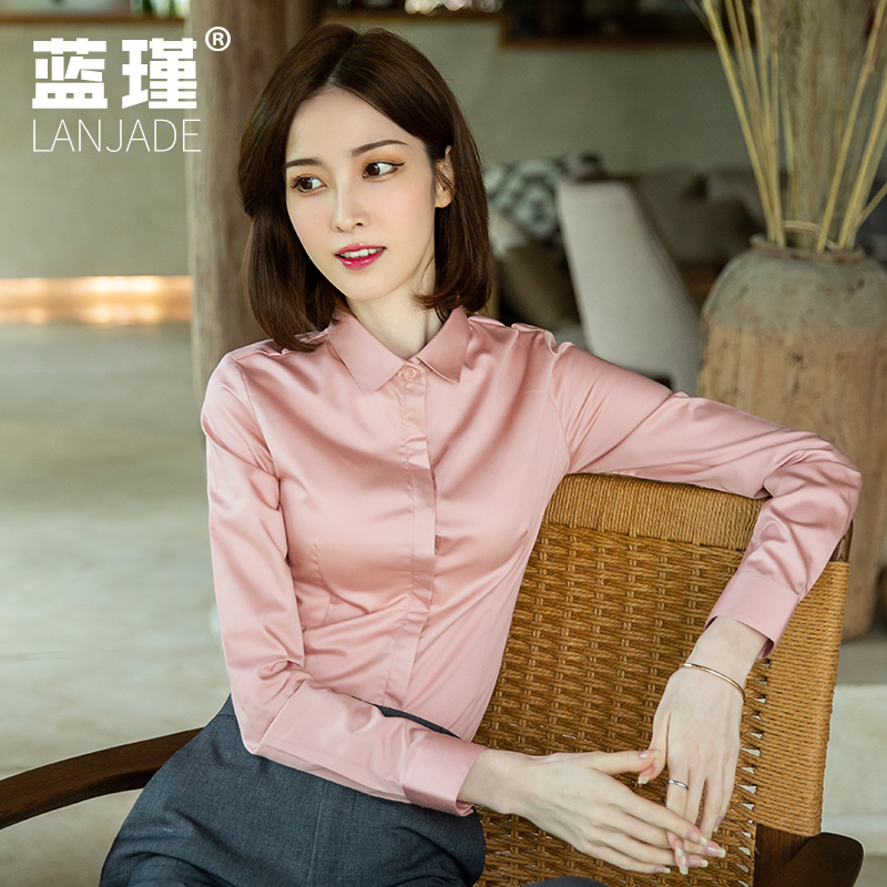 Solid color shirt Women spring and autumn 2021 new long sleeve top lapel collar shirt ladies slim professional tooling inch