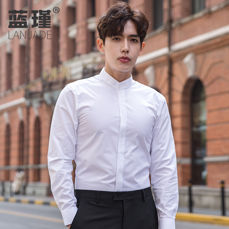 White collar shirt men's long sleeve autumn youth business no round neck slim shirt dress solid color overalls inch